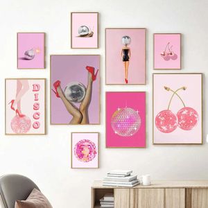 Le Pink Silver Disco Ball Cherry Poster en printmaking canvas schilderen Aesthetiek Wall Art Images Fashionable Home Bar Decoration J240505
