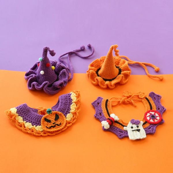 Collier d'halloween pour chien, bavoir pour animal de compagnie, chapeau de chat, tricoté à la main, collier en Crochet, Costume de citrouille, accessoires pour animaux de compagnie
