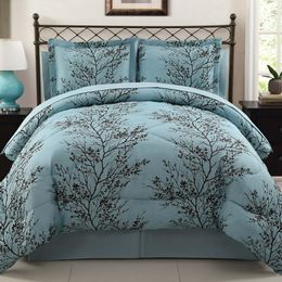 Leaf 8-delig blauw chocoladetak polyester omkeerbaar bed in een zak, koningin Hoge kwaliteit huidvriendelijke beddengoedset
