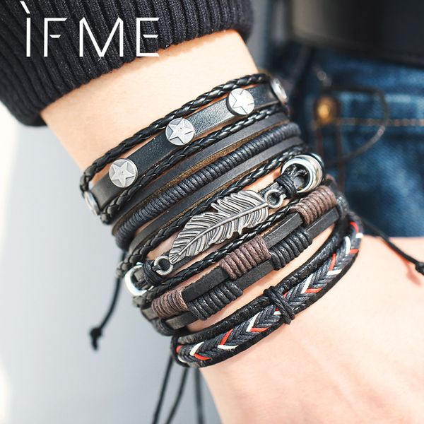 Feuille Plume Multicouche En Cuir Bracelet Hommes De Mode Tressé À La Main Étoile Corde Wrap Bracelets Bracelets Mâle Cadeau