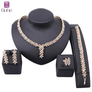 Bladvorm Dangle Drop Party Crystal Wedding Earring Ketting Armband Ring Afrikaanse Nigeriaanse Gouden Kleur Sieraden Set voor Brides235S