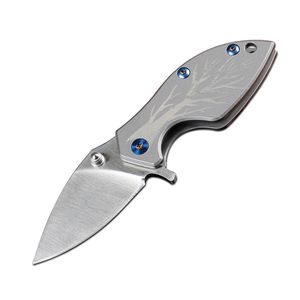 Blad Klein Flipper Folding Mes D2 Satin Blade Titanium Handvat Kogellager EDC Pocketmessen met lederen schede H5382