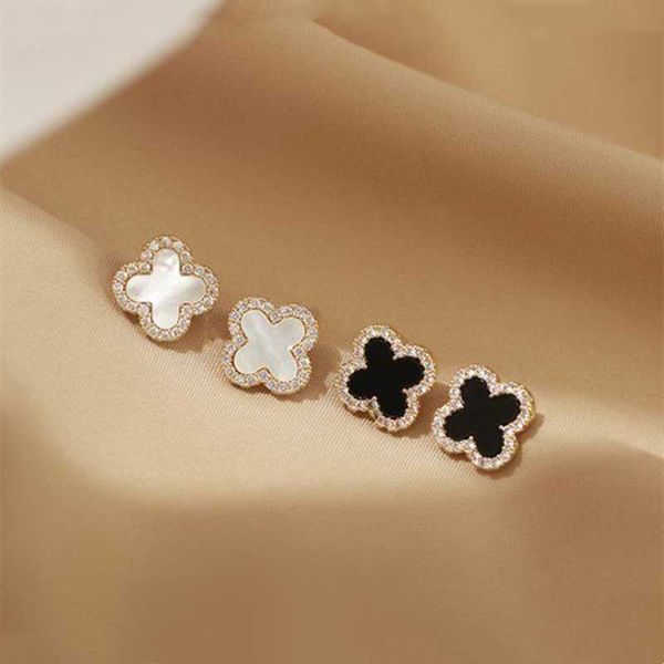 Boucles d'oreilles à tige en forme de feuille pour femmes et filles, bijoux de luxe avec strass, fleur, aiguille en argent 925, noir, vert, blanc, rouge, quatre feuilles, breloques, accessoires fsd