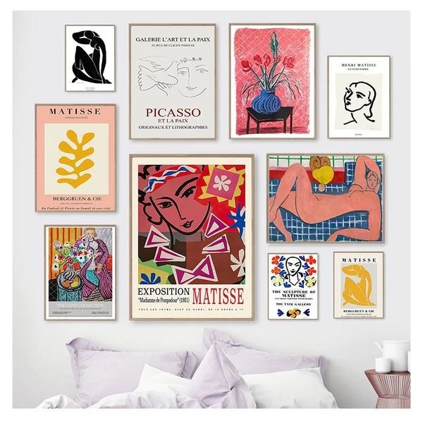 Cuadro sobre lienzo para pared de hojas carteles nórdicos e impresiones cuadros de pared para decoración para sala de estar Matisse moda chica figuras modernas Woo