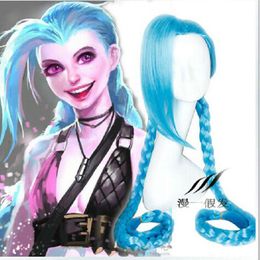 League of Legends Jinx LOL Long Twin Braids Bleu Cosplay Perruque Mascarade Perruque Cheveux