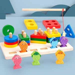 Leren Speelgoed 2 in 1 Montessori Houten Bouwsteen Houten Vorm Puzzelbord Magnetisch Visserijspel Educatief voor Kinderen 231201