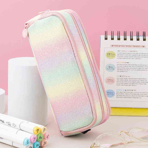 Juguetes de aprendizaje Kawaii Rainbow Lápiz para lápiz para niñas Pencilase de gran capacidad Organizador de papelería Box Pen Box Three Pape Bouch Bag T220829