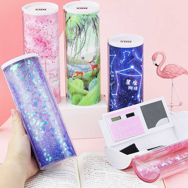 Juguetes de aprendizaje Estuche para lápices Estuche para bolígrafos escolares Caja de papelería con calculadora Stand Up Kawaii Lindo Rosa Hermoso Anime Sakura Estuche para lápices transparente