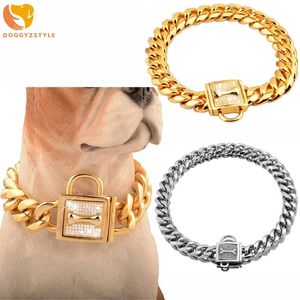 Meshes Gold Cuban Dog Chain Collar Silver en acier inoxydable 19 mm