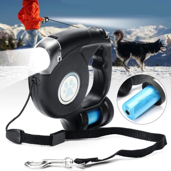 Correas Suministros para mascotas Correa para collar de perro Correa retráctil automática Linterna LED de 4,5 M Correa para perro mascota con bolsa de basura