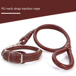 Lees Pu Leather Dog Collar en riem ingesteld Round Strong Pet Walking Training Riem voor kleine medium grote hondenpetaccessoires