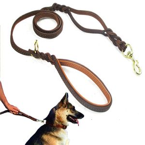 Laisse suture two dog leash en cuir authentique double laisse p chain collier ajusté long court petit chien de marche de marche entraîne