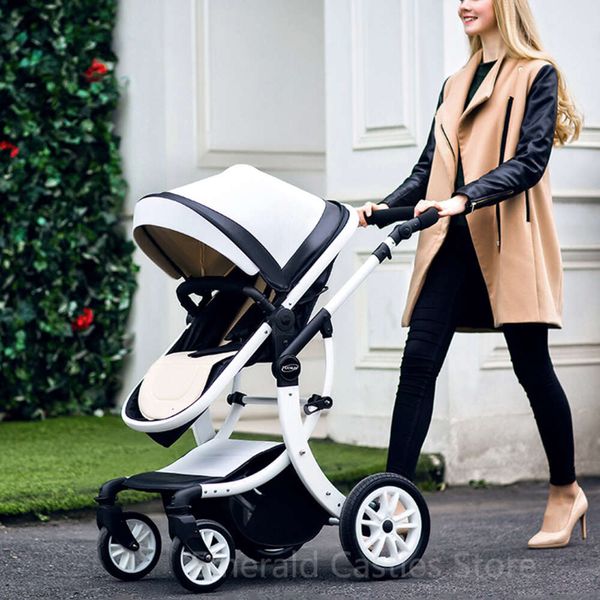 Cuir 2 en 1 poussette de bébé, poussette bidirectionnelle, siège d'auto-né de nouveau-né, voyage pliant blanc poussette bébé, chariot bébé l240525