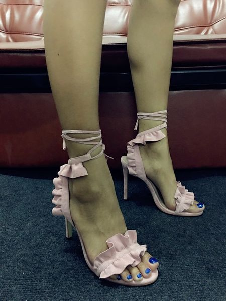 Règles en cuir 2019 dames gratuites Silla Expédition en daim 10 cm Chaussures à talon de haut Open Toe Sandales à lacets en une ligne Faire FALBALA PINK 34-43 719