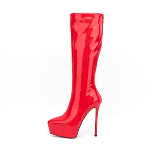 Leer 2024 Knee-stijl Nieuwe vrouwen Lady Patent Boots High Fashion Puted Pilder Toe Platform Casual Party Dress Shoes Heel Long Booties Zipper Zip Grootte 34-45 842