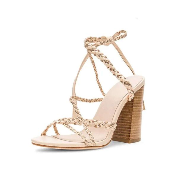 Cuir 2024 Gladiateur en peau de mouton sandales en bois épais talons hauts pompes femmes à la lacets ouverts à l'ouvre-toe