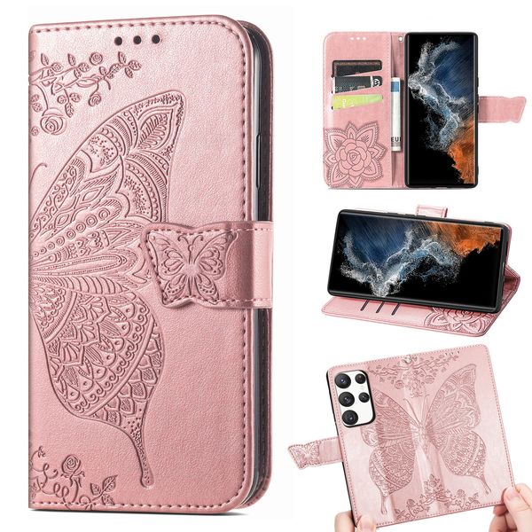 Étuis portefeuille en cuir avec impression 3D papillon pour Samsung Galaxy S23 Ultra S22 S21 S20 Note 20 S10, porte-cartes, support à rabat, fleur en relief, couverture de téléphone Conque