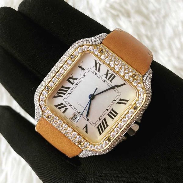 Banda de cuero 40 mm Busto hacia abajo Bisel de dos tonos Iced Out Vvs Moissanite Diamond Watch Hombres