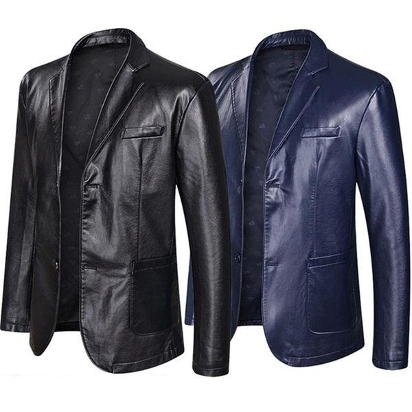 Veste Blazer en cuir pour hommes, costume ample à revers, grande taille, noir, bleu, 308w