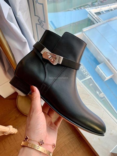 Botas de cuero moda mujer tobillo genuino estilo otoño zapatos planos cortos de alta calidad 80323