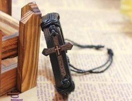 Lederen armband Cross Bible Gevlochten Armbanden Sieraden Handgemaakte Zwart Genuine Verstelbare Polsband