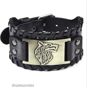 Leren armband heren wolf hoofd brede lederen armband legering nieuwe geweven lederen sieraden armband WY1170