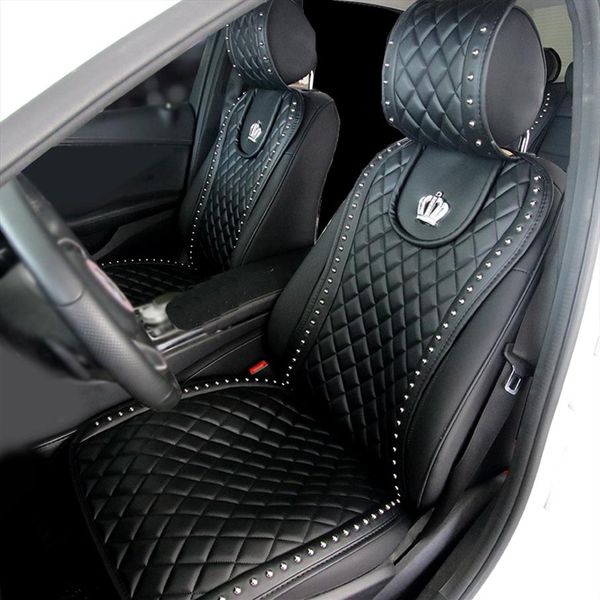 Funda de cuero para asiento de coche, remaches de corona de diamante, cojín de asiento de coche, accesorios interiores, fundas de asientos delanteros de tamaño Universal, estilo de coche 2386