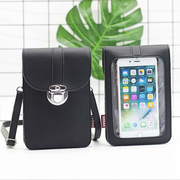 Bolso de cuero para teléfono celular Pantalla táctil Bolsillo para el hombro Estuche para billetera Correa para el cuello con membrana hialina trasera