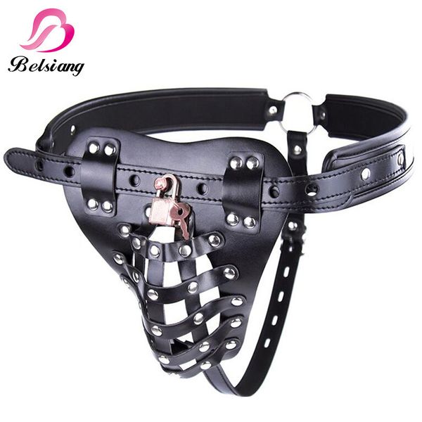 Ceinture de chasteté en cuir Dispositif de chasteté masculine Cage à coq Scrotum Ball Stretcher Anneau de pénis Prison Bird Sex Toys pour hommes Sex Shop Y19070602