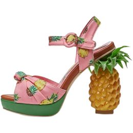 Cuir Chunky Talon Pineapple 2022 Mesdames 11 cm High Sandales 3,5 cm Platage ouverts Peep-Toes European American Palace Buckle Print Fruit Cut Chaussures 770