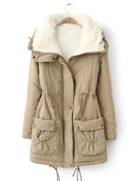 Кожаные пальто женские, зима 2022, парки, однотонные, с карманами, на шнурке, имитация овечьей шерсти, с подкладкой, теплое хлопковое пальто, пальто, топы
