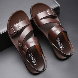 Cuir concis concis de pun de cou couleur massif homme été décontracté confortable sandales ouvertes ouvertes chaussures de plage doux chaussures mâles 2 77