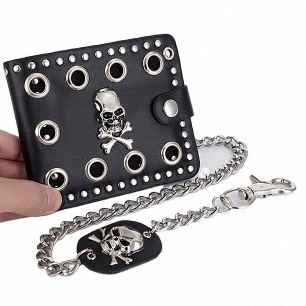 Carteras de cuero Cool Punk Gothic Western Skull Clutch Monedero con cadena para hombres Z8Wl #