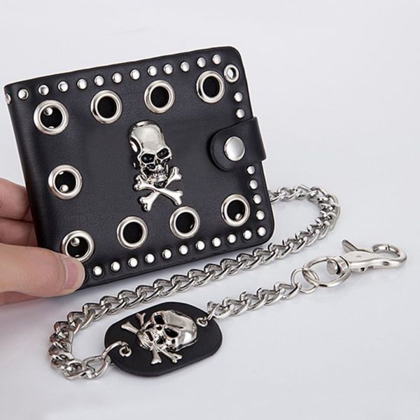 Cuero Cool Punk Gothic Western Skull Clutch Monedero Carteras con cadena para hombres