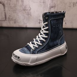 Cuir Cowboy Bleu Hommes Style Britannique Bottes Cheville Chaussette Bootie Talons Bas Sans Lacet Designer À La Main Occasionnel Chaussures D'extérieur 847