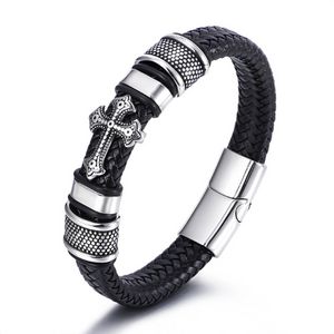 Bracelet croisé en cuir avec bouton en acier inoxydable pour hommes, style Hip Hop, manchette, bijoux à la mode, cadeau