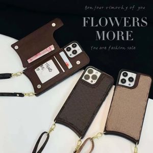 Lederen ontwerper iPhone met riem voor mobiele telefoon 14 13 12 11 Pro Max Luxury cases TPU Beschermende schokbestendige cover Fashion wowen covers met kaarthouder Brown Us UK