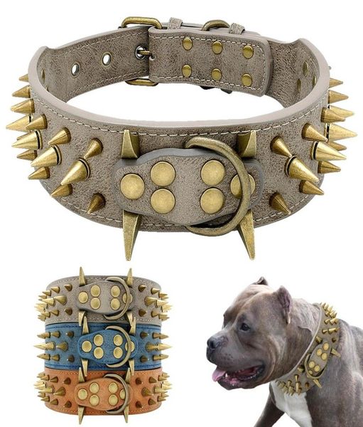 Collier de chien en cuir à pointes cloutées pour animaux de compagnie pointes rouges noires 2 pouces de large pour chiens de races moyennes et grandes Pitbull MastiffDog Collars Leash5529941