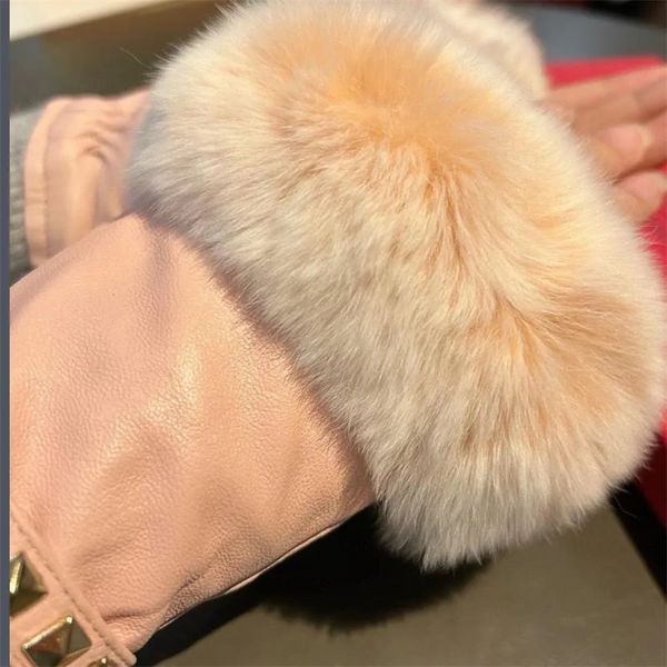 Guantes sin dedos de cuero, guante de Cachemira de piel de invierno de diseñador, guante de cuero de piel de oveja auténtica rosa cálido para mujer