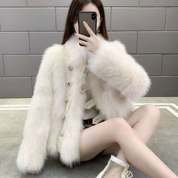 Leer voor dames 2023 winter nieuwe imitatie vossenbont opstaande kraag populair op internet, modieuze verdikte Haining jas met metalen gesp 509126