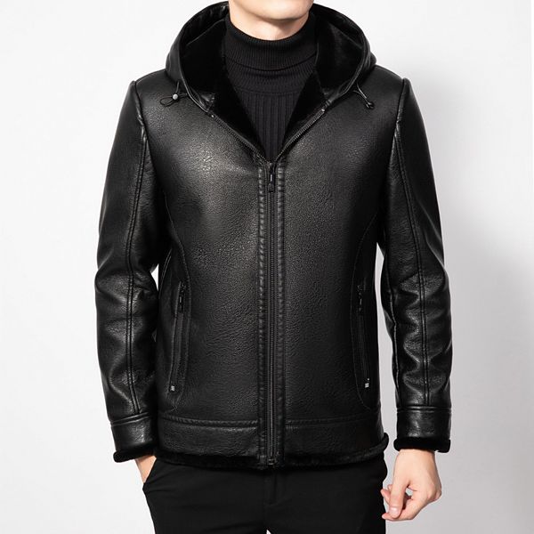 Veste de fourrure en cuir hommes manteau d'hiver avec capuche vestes en cuir véritable homme moto pardessus Biker vêtements automne hauts coupe-vent