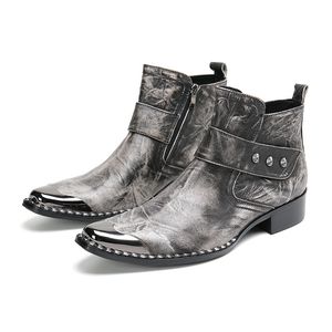 Leer echte mode mannen retro enkel grijs Italiaanse zakelijke kleding schoenen vierkant teen cowboylaarzen