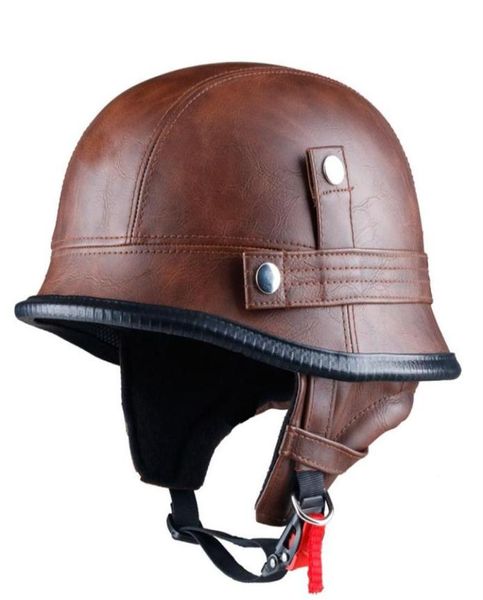 Casque de moto approuvé de style allemand en cuir et vintage à moitié ouvert avec visière pour l'homme et la femme306n3947096