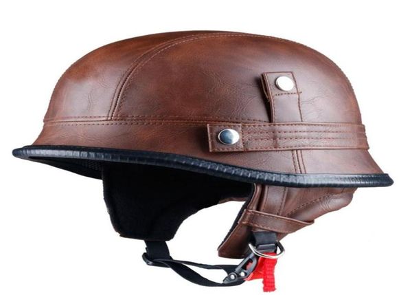 Cosco de motocicleta de cuero de cuero estilo alemán retro y vintage de cara a medio abierta aprobado con visera para el hombre y la mujer306n7909209