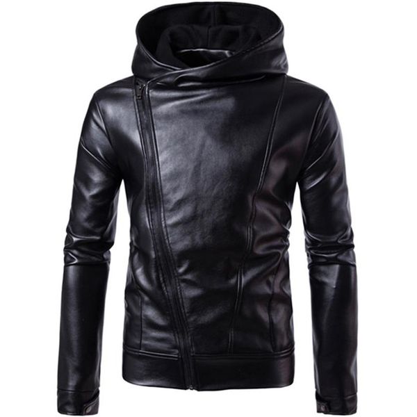 Veste en cuir noir hommes à capuche fermeture éclair veste en cuir hommes à manches longues manteau moto Faux M-4XL