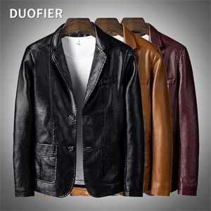 Chaqueta de cuero Hombres Moda Primavera Otoño Abrigo para hombres Negocios Slim Calidad Marca Chaqueta de motocicleta Hombre Botones Multi-Bolsillo 6XL 211110