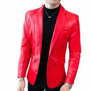 Veste en cuir Hommes Slim Fit Automne Streetwear Coréen Social Casual Busin Solide Rouge Blazer Manteau Fi Faux PU Costume Veste s65k #