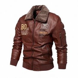 Leren Jas Heren Winter Fleece Originele Moto Biker Borduren Afneembare Bontkraag Windjack Ropa De Hombre Slanke Jas e6JO #