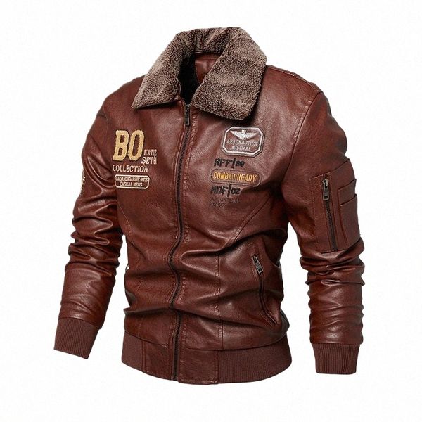 Chaqueta De cuero para Hombre, forro polar De invierno, Original, para motociclista, bordado, cuello De piel extraíble, cortavientos, Ropa De Hombre, abrigo delgado 851Y #