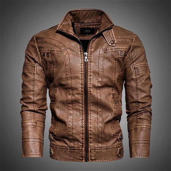 Veste en cuir col montant hommes vestes automne hiver fermeture éclair fourrure doublée veste de moto hauts de mode manteau manteau vintage hommes 201223